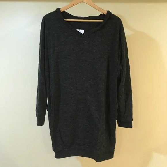 Cozy Charcoal Hoodie Tunic Sweater Dress w Pockets - Picture 3 of 4